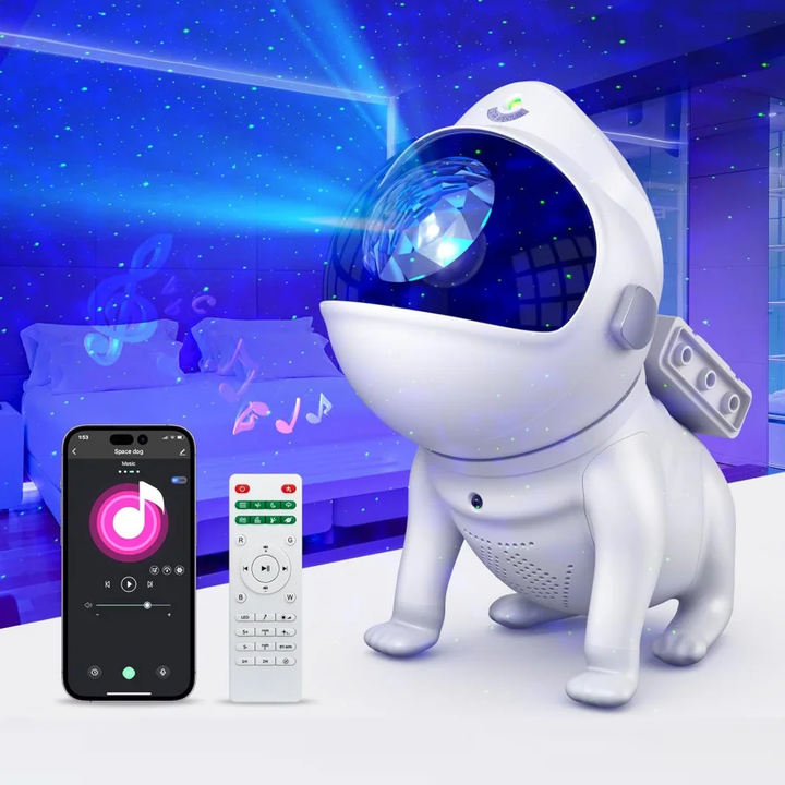 Projektor noční oblohy v podobě vesmírného psa | Dálkové ovládání, bluetooth reproduktor