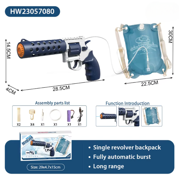 REVOLVER Elektrická vodní pistole | 1,2L zásobník, 6–8m dostřel, automatické střílení