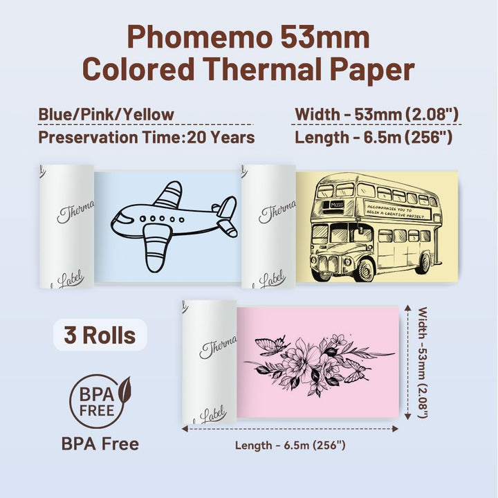 Náhradní barevné papírové štítky do tiskárny PHOMEMO T02, M02 | 53 mm x 6,5 m