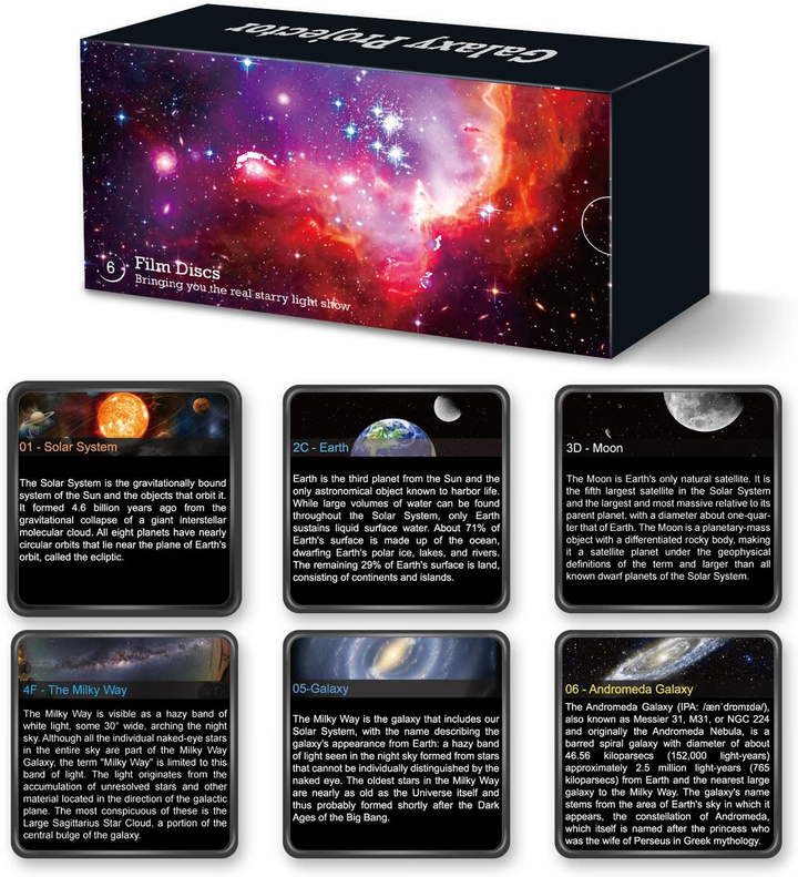 Projektor galaxie 1. generace - 13 kazet se snímky vesmíru, rotující projekce, časovač