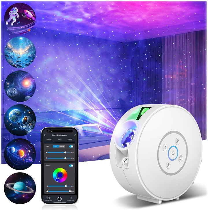 Projektor galaxie a noční oblohy – 6 kazet se snímky, Bluetooth reproduktor, ovládání pomocí aplikace
