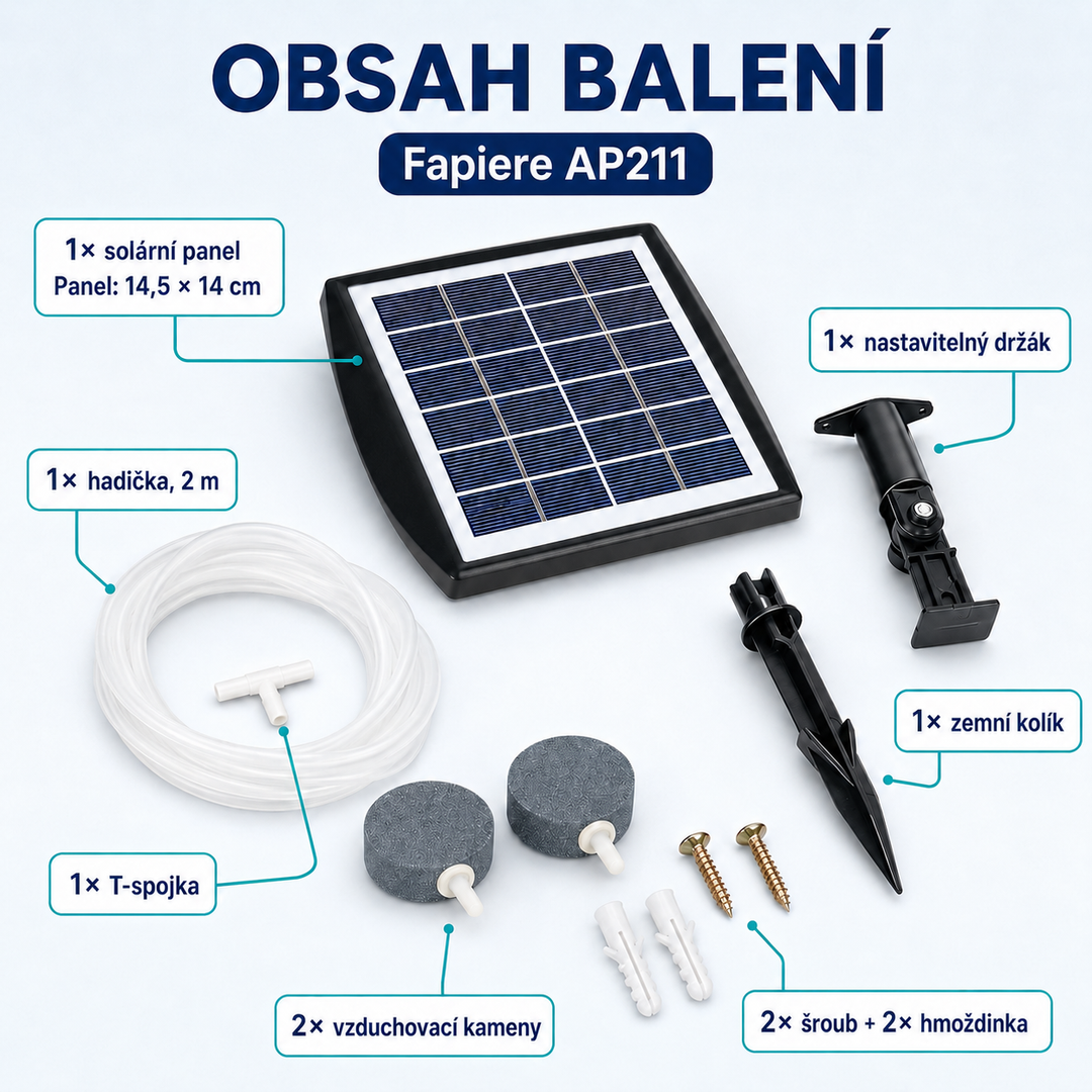 Solární provzdušňovač jezírka AP211 – 2200 mAh baterie, 2 režimy provozu, 2 W panel