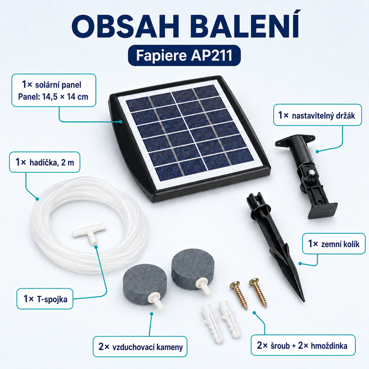 Solární provzdušňovač jezírka AP211 – 2200 mAh baterie, 2 režimy provozu, 2 W panel