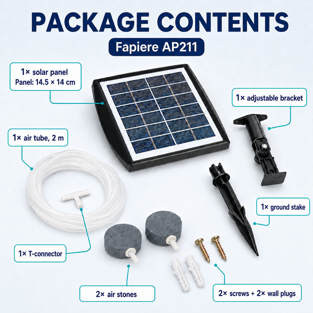 Solární provzdušňovač jezírka AP211 – 2200 mAh baterie, 2 režimy provozu, 2 W panel