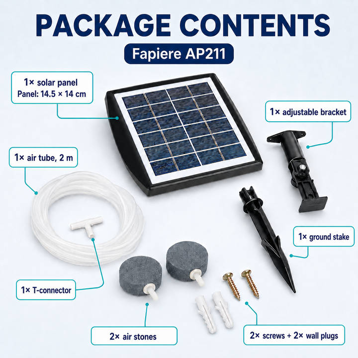 Solární provzdušňovač jezírka AP211 – 2200 mAh baterie, 2 režimy provozu, 2 W panel