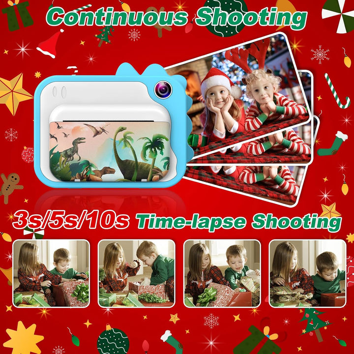 Ushining Dětský instantní fotoaparát s okamžitým tiskem, motiv dinosaurů, vánoční balení