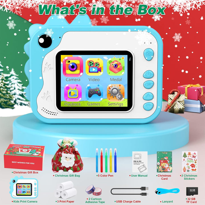 Ushining Dětský instantní fotoaparát s okamžitým tiskem, motiv dinosaurů, vánoční balení