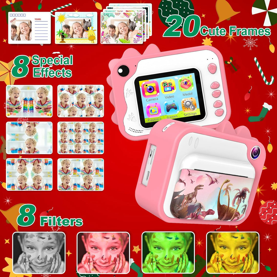 Ushining Dětský instantní fotoaparát s okamžitým tiskem, motiv dinosaurů, vánoční balení