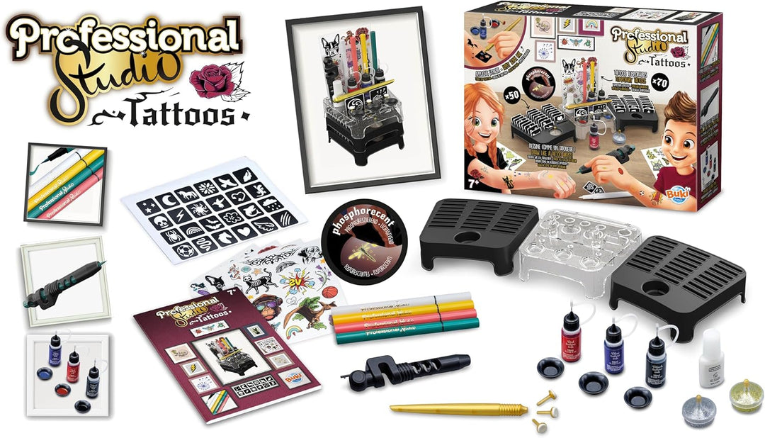 BUKI France Profesionální studio tetování | Kreativní sada pro děti od 7 let – třpytivá, svítící a voděodolná dočasná tetování