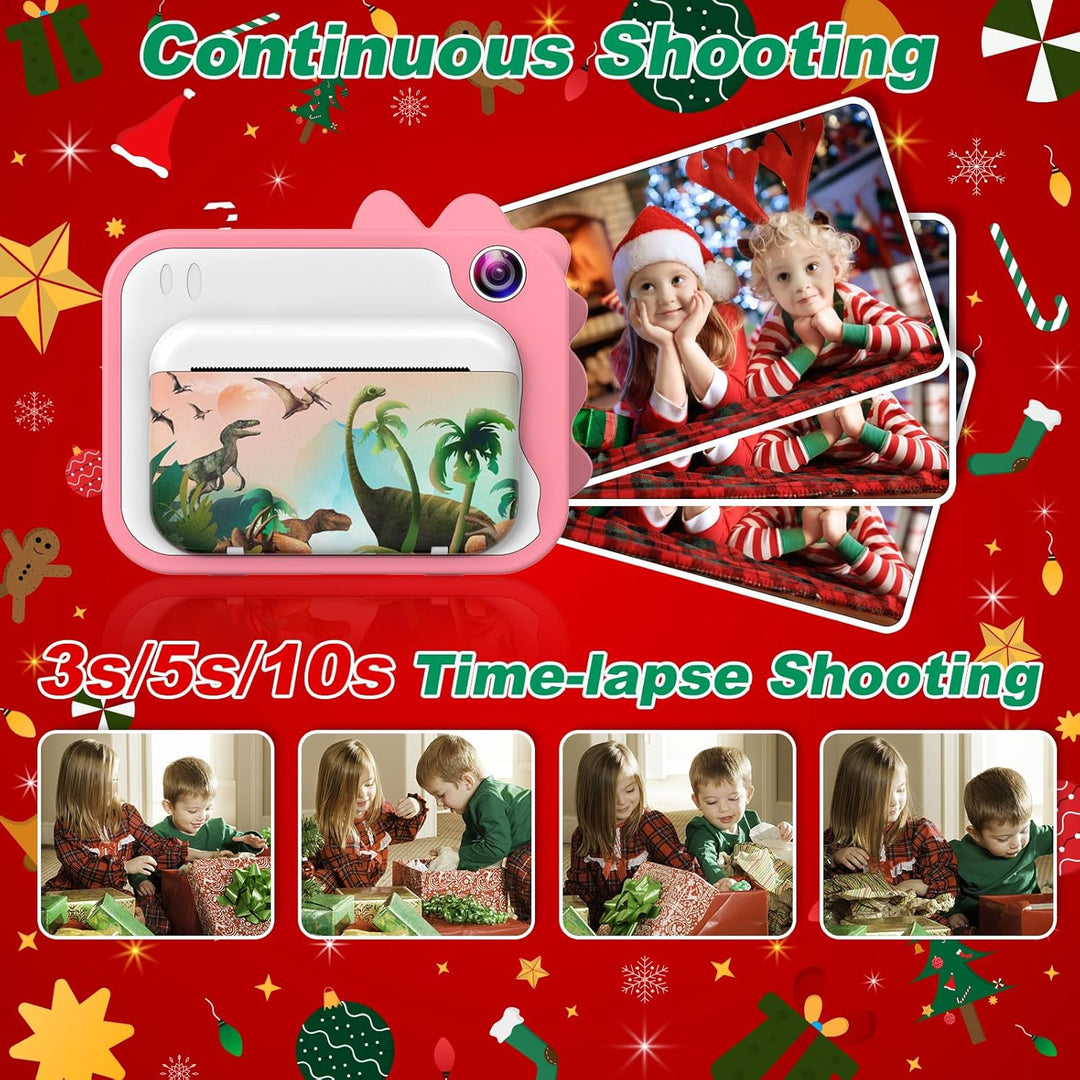 Ushining Dětský instantní fotoaparát s okamžitým tiskem, motiv dinosaurů, vánoční balení