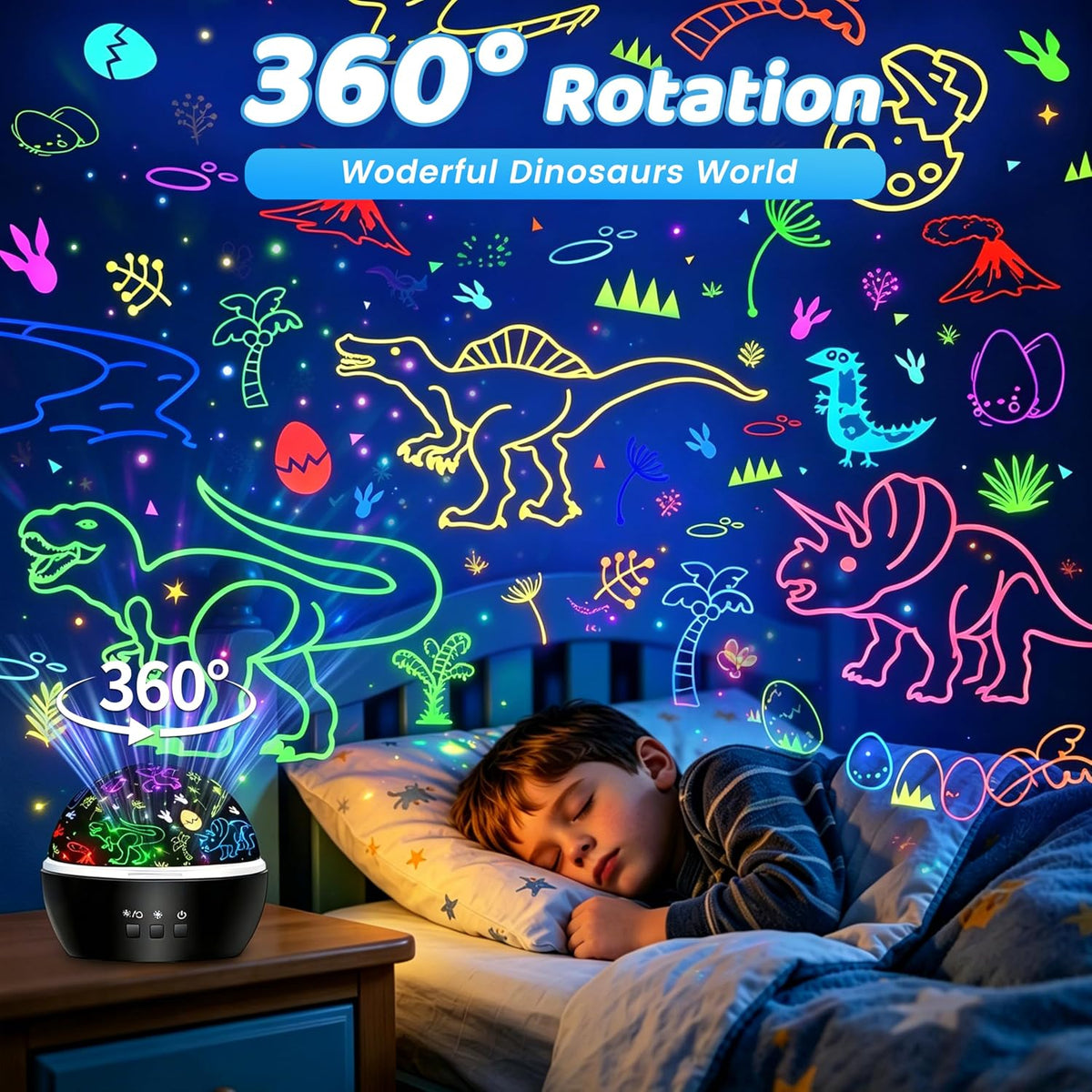 Dětský projektor DQMOON s motivy dinosaurů a dopravních prostředků