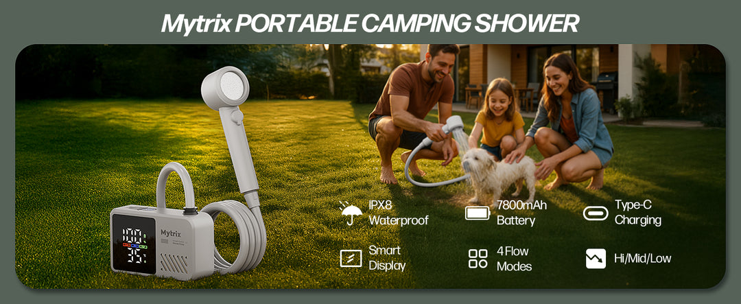 Mytrix Přenosná kempingová sprcha – vysoký tlak vody 10 l/min, 7800 mAh a 4 režimy proudu