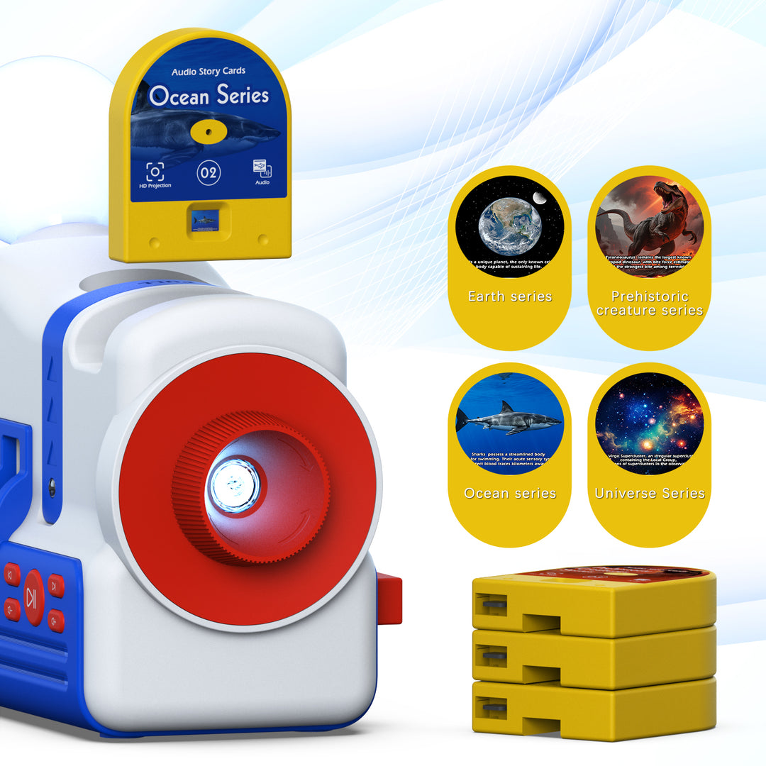Dětský projektor pohádek a příběhů - 4 tematické sady projekcí, zvuky a noční světlo