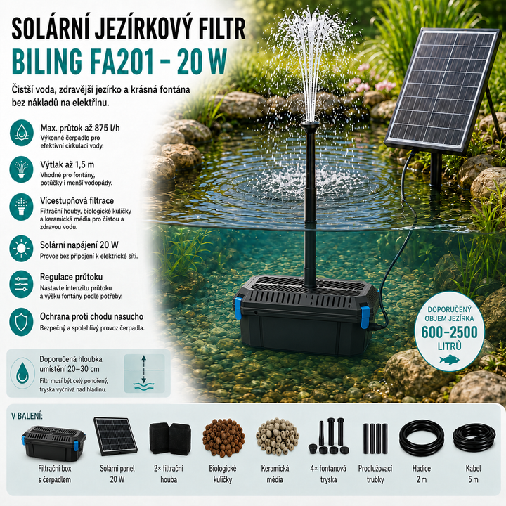 Solární jezírkový filtr s čerpadlem FA201 - 20 W panel, průtok 875 l/h, 4 trysky, biologická filtrace
