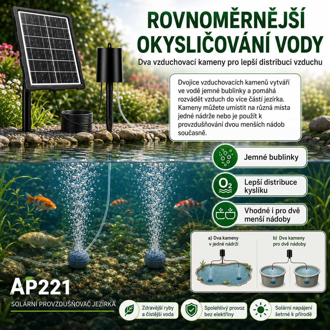 Solární provzdušňovač jezírka s LCD displejem AP221 – 2200 mAh baterie, 3 stupně výkonu, programovatelný časovač, 3W panel