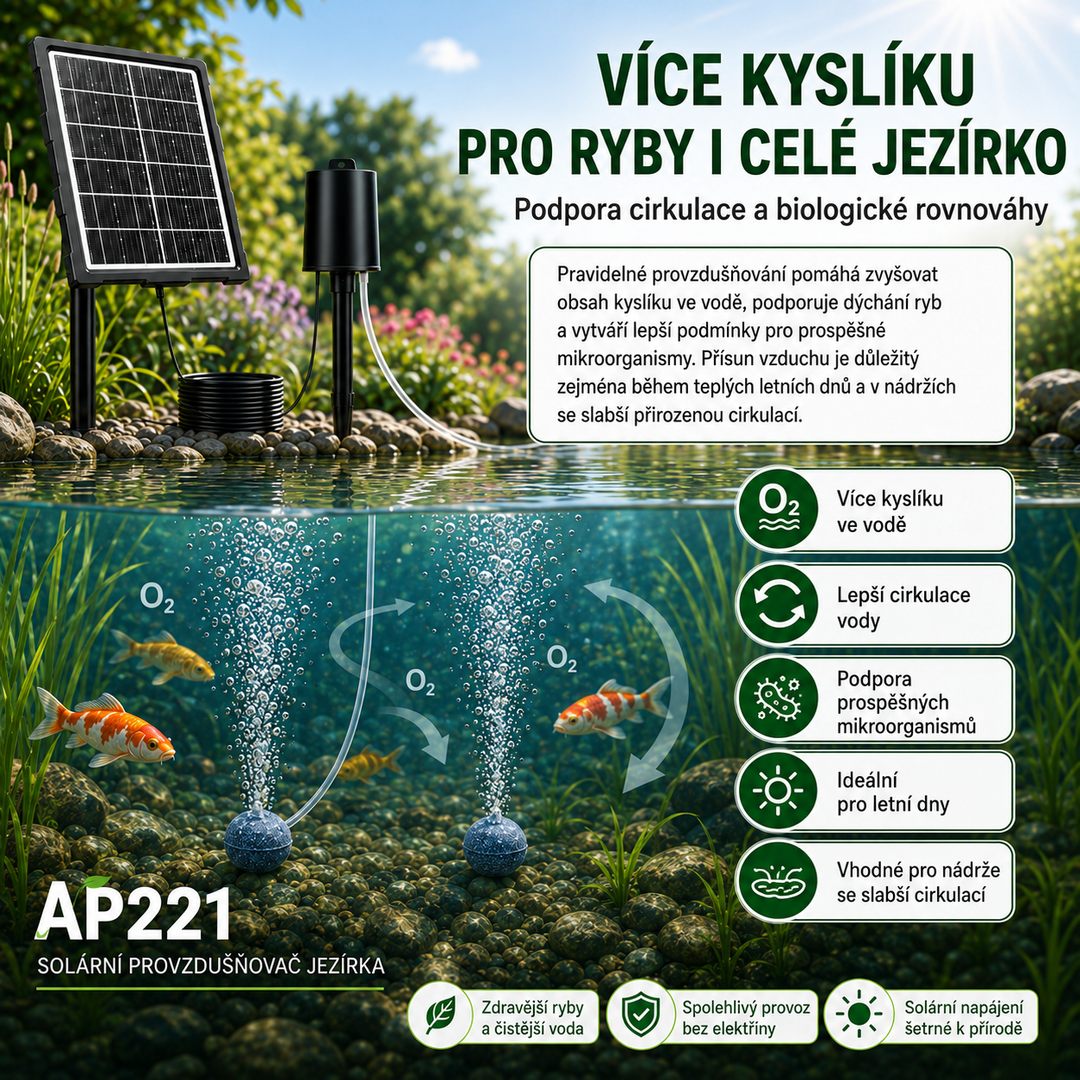 Solární provzdušňovač jezírka s LCD displejem AP221 – 2200 mAh baterie, 3 stupně výkonu, programovatelný časovač, 3W panel