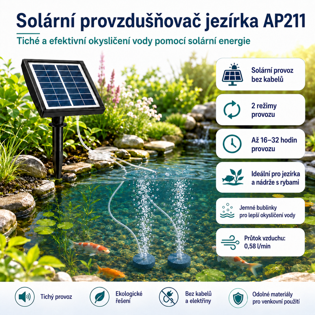 Solární provzdušňovač jezírka AP211 – 2200 mAh baterie, 2 režimy provozu, 2 W panel
