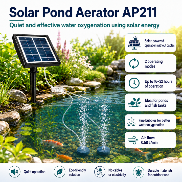 Solární provzdušňovač jezírka AP211 – 2200 mAh baterie, 2 režimy provozu, 2 W panel