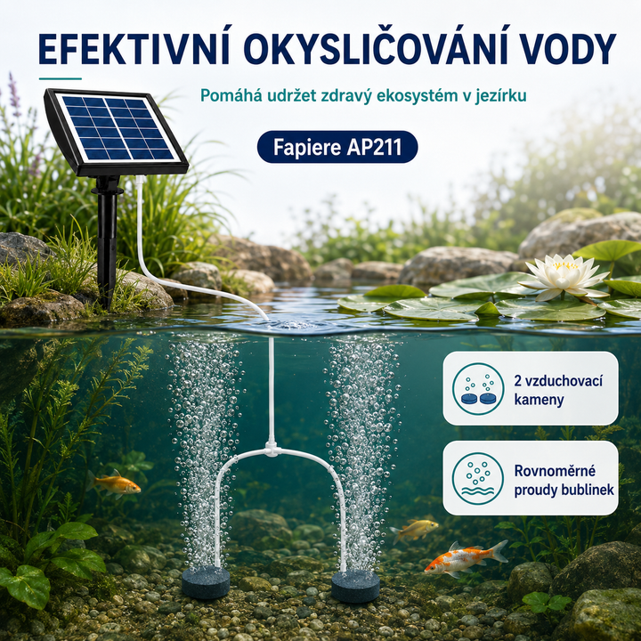 Solární provzdušňovač jezírka AP211 – 2200 mAh baterie, 2 režimy provozu, 2 W panel