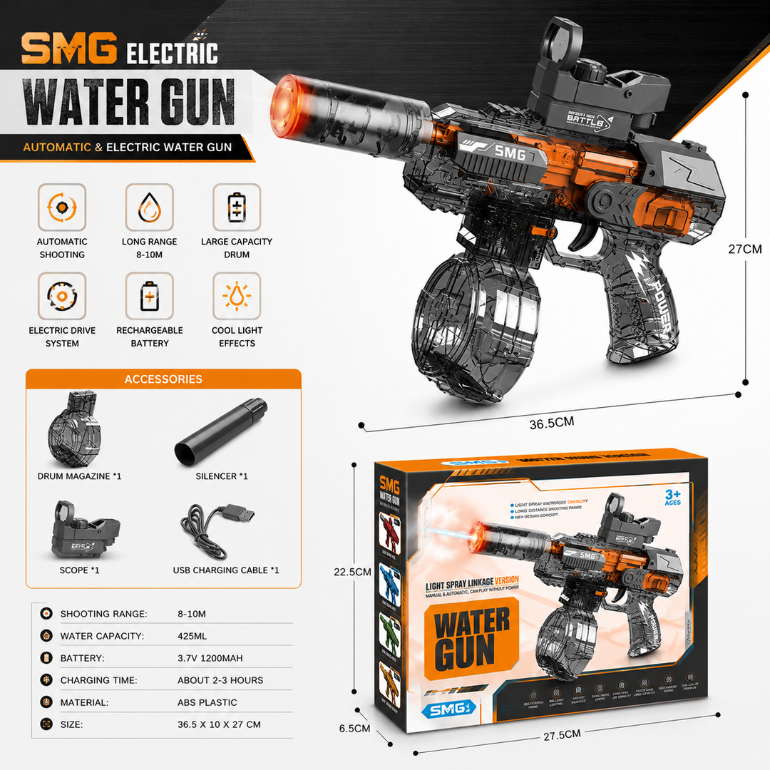 Elektrická vodní pistole SMG – světelné efekty, dostřel 8–10 m, 425 ml zásobník, 1200 mAh baterie