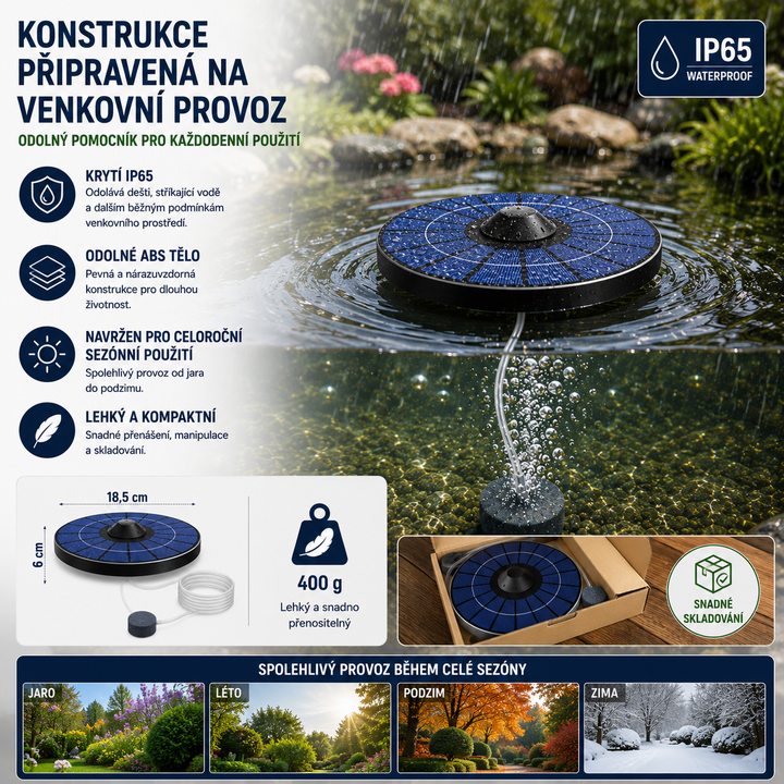 Solární plovoucí provzdušňovač jezírka AP009s – 2,5W panel, automatický provoz