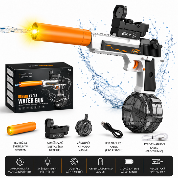Elektrická vodní pistole DESERT EAGLE – světelné efekty, dostřel 8–10 m, 425 ml zásobník