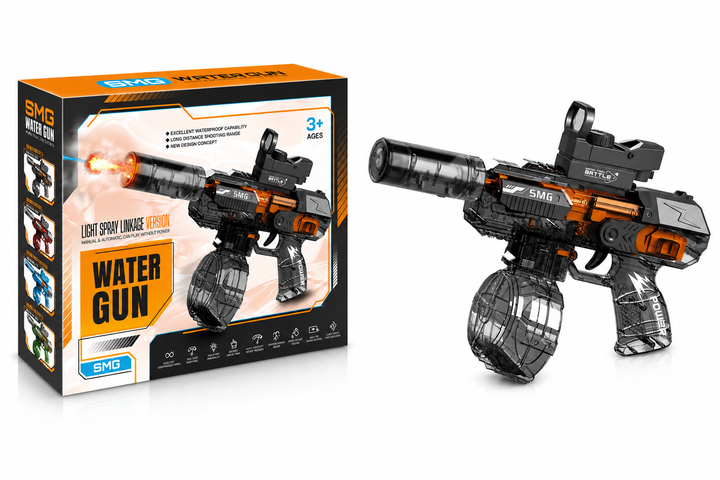 Elektrická vodní pistole SMG – světelné efekty, dostřel 8–10 m, 425 ml zásobník, 1200 mAh baterie