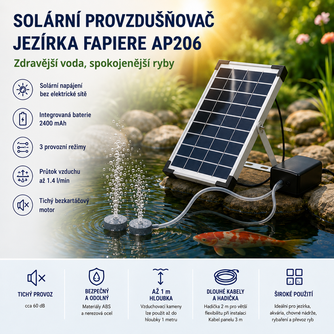 Fapiere Solární provzdušňovač jezírka AP206 – 2400 mAh baterie, 2 režimy, 5 W panel