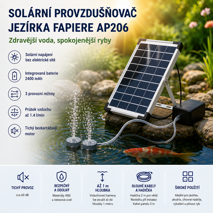 Fapiere Solární provzdušňovač jezírka AP206 – 2400 mAh baterie, 2 režimy, 5 W panel