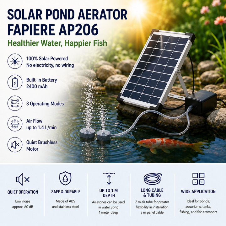 Fapiere Solární provzdušňovač jezírka AP206 – 2400 mAh baterie, 2 režimy, 5 W panel