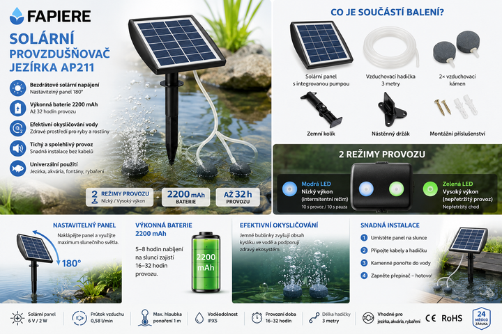 Solární provzdušňovač jezírka AP211 – 2200 mAh baterie, 2 režimy provozu, 2 W panel