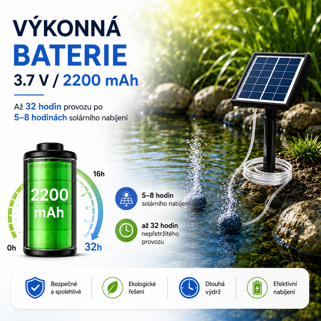 Solární provzdušňovač jezírka AP211 – 2200 mAh baterie, 2 režimy provozu, 2 W panel