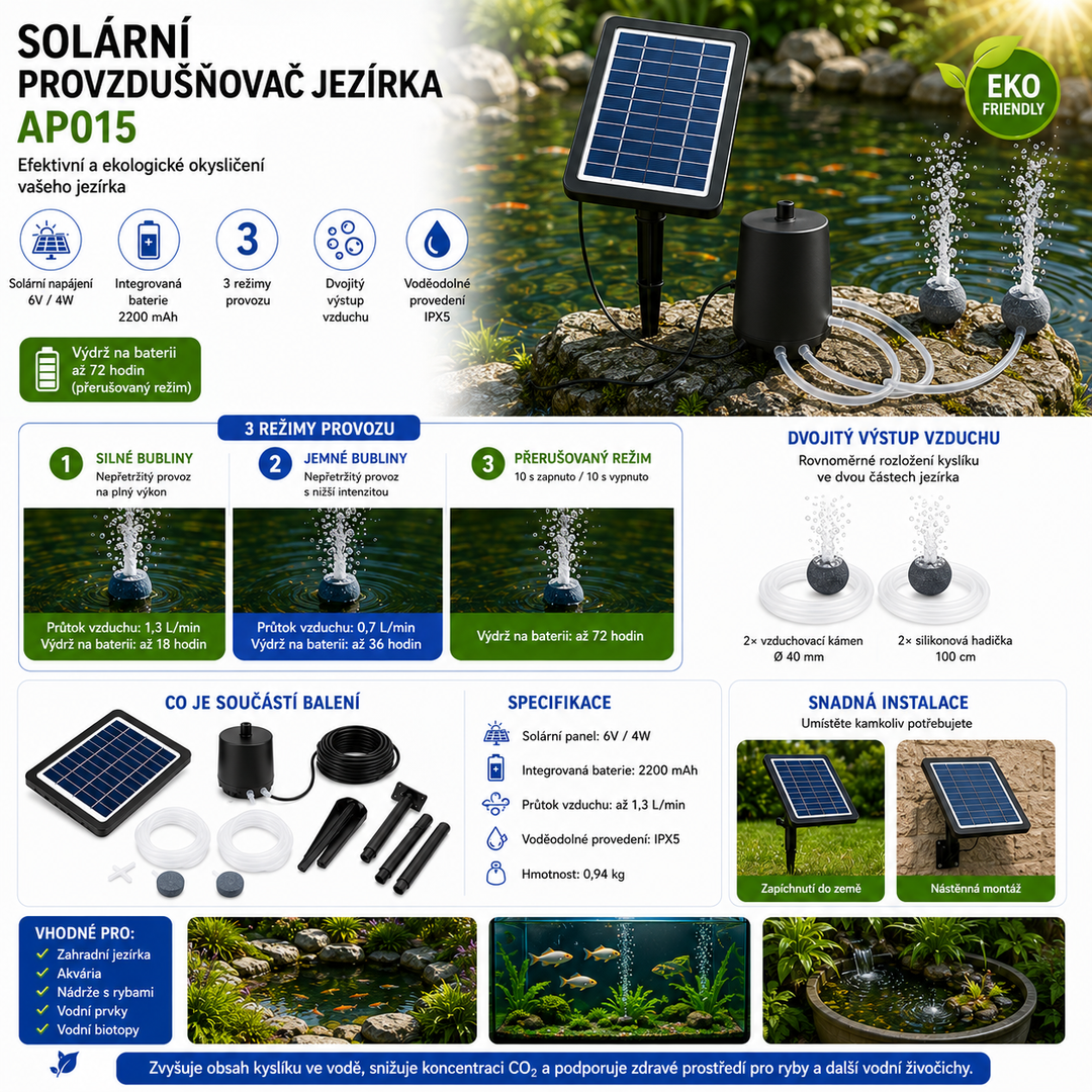 Solární provzdušňovač jezírka AP015 – 2200 mAh baterie, 3 režimy provozu, 4 W panel