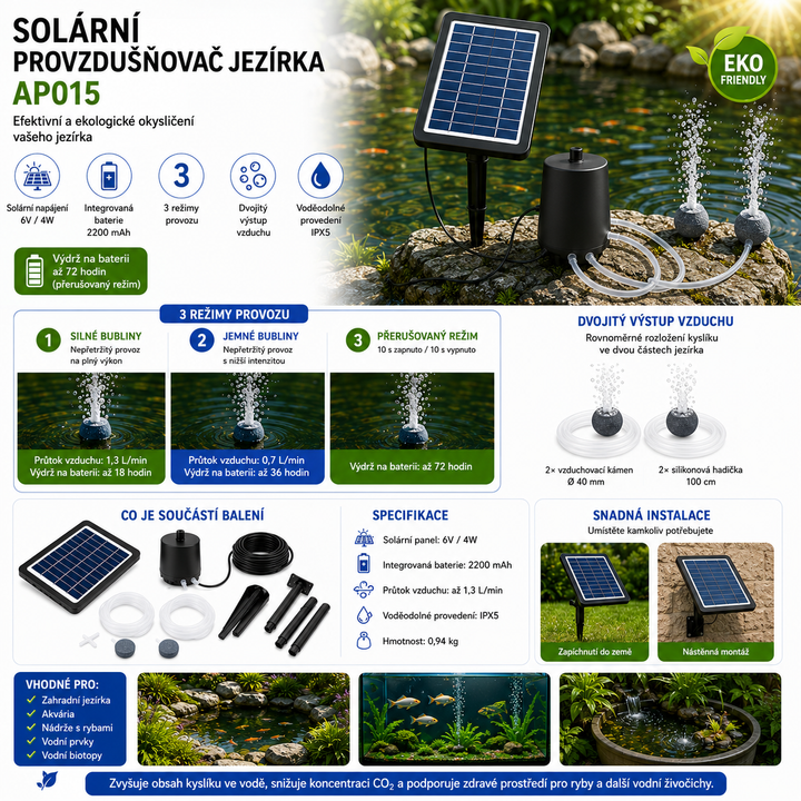 Solární provzdušňovač jezírka AP015 – 2200 mAh baterie, 3 režimy provozu, 4 W panel
