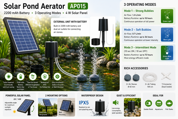 Solární provzdušňovač jezírka AP015 – 2200 mAh baterie, 3 režimy provozu, 4 W panel