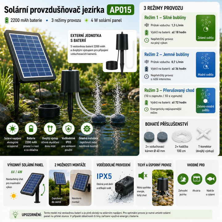 Solární provzdušňovač jezírka AP015 – 2200 mAh baterie, 3 režimy provozu, 4 W panel