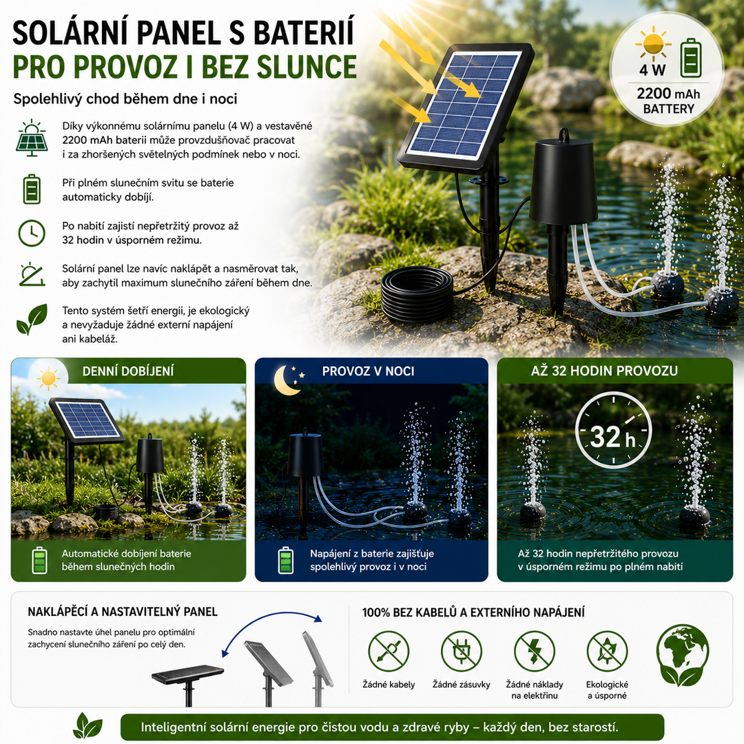 Solární provzdušňovač jezírka AP015 – 2200 mAh baterie, 3 režimy provozu, 4 W panel
