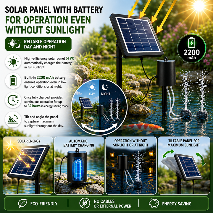 Solární provzdušňovač jezírka AP015 – 2200 mAh baterie, 3 režimy provozu, 4 W panel