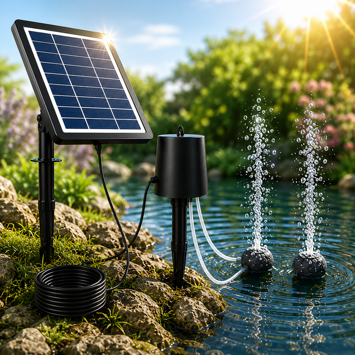 Solární provzdušňovač jezírka AP015 – 2200 mAh baterie, 3 režimy provozu, 4 W panel