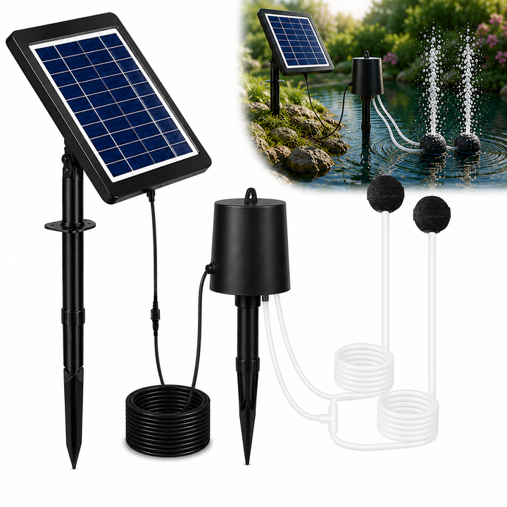 Solární provzdušňovač jezírka AP015 – 2200 mAh baterie, 3 režimy provozu, 4 W panel