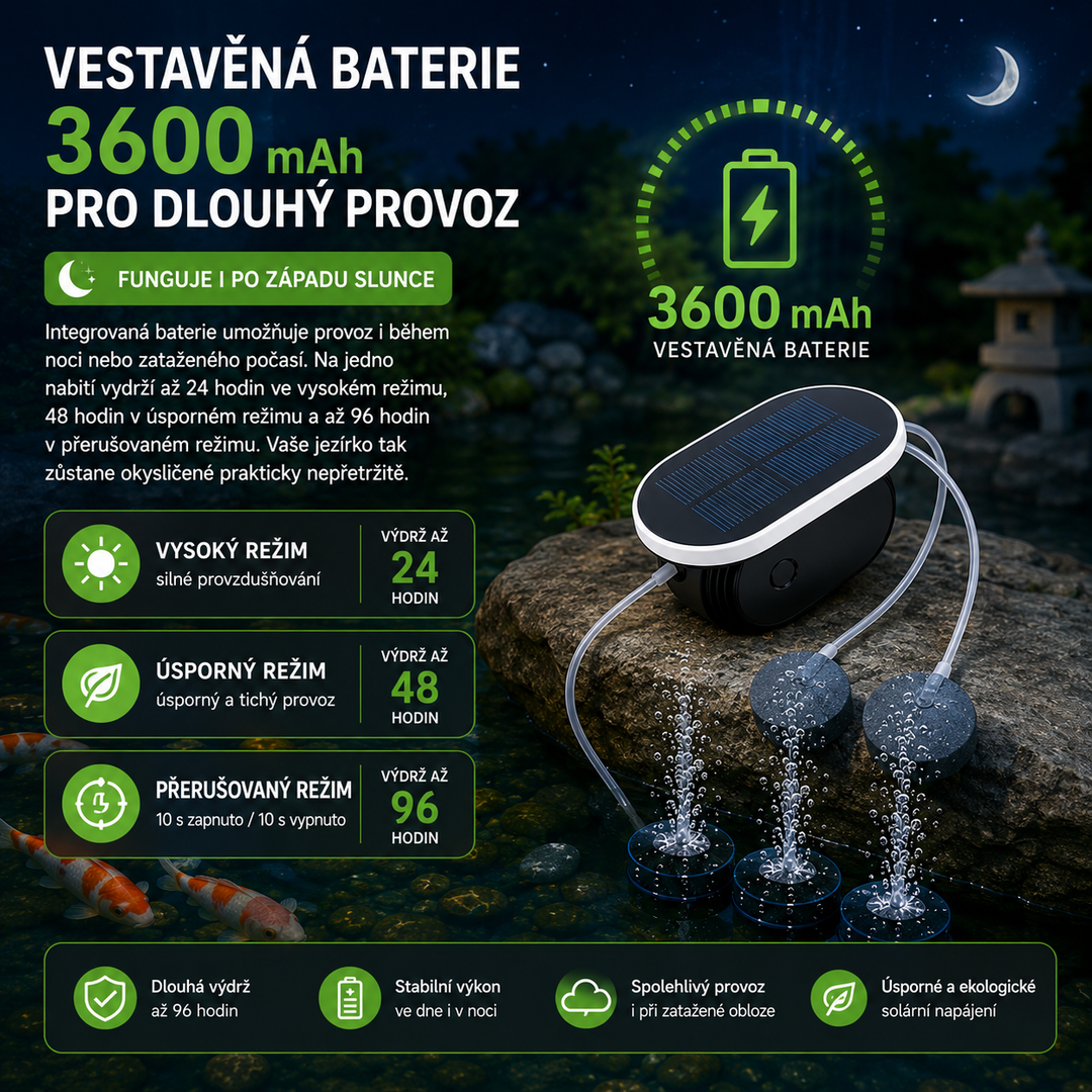 Solární provzdušňovač jezírka AP007 – 3600 mAh baterie, 2 režimy provozu, 1 W panel