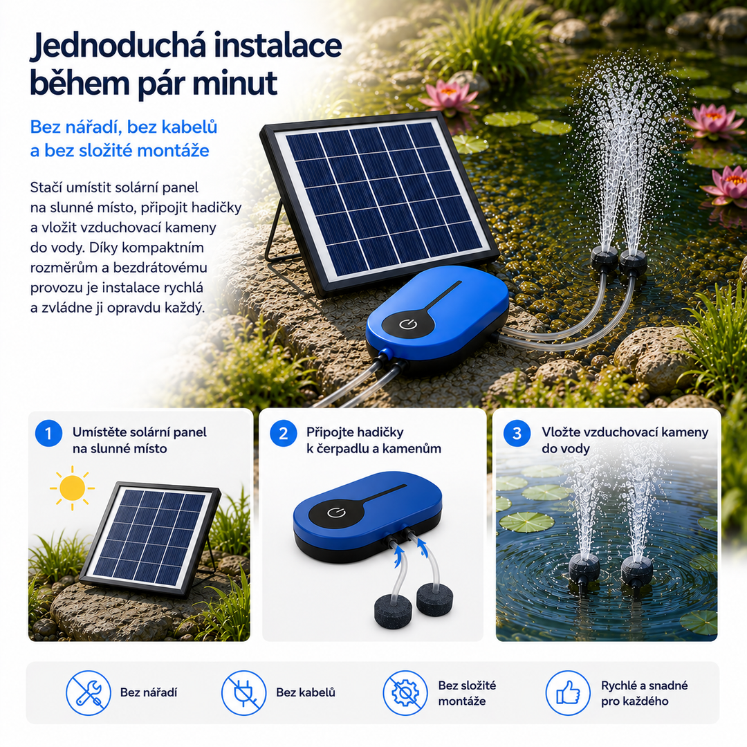 Solární provzdušňovač jezírka AP008 – 3600 mAh baterie, 3 režimy provozu, 1,5 W panel