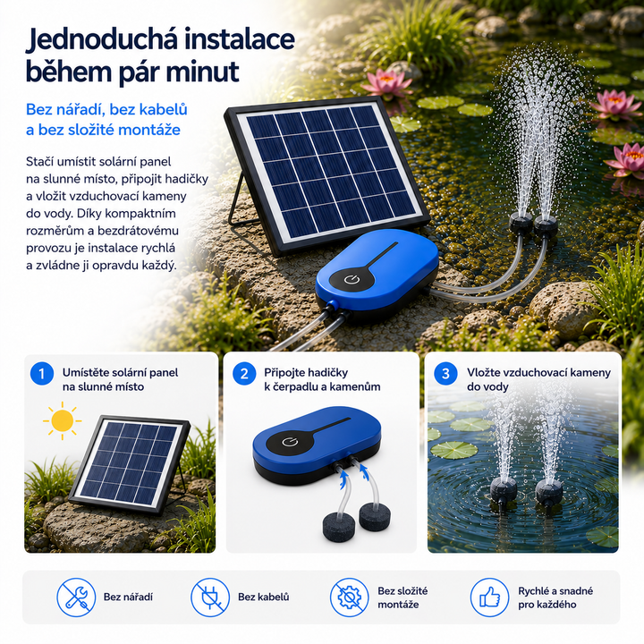 Solární provzdušňovač jezírka AP008 – 3600 mAh baterie, 3 režimy provozu, 1,5 W panel