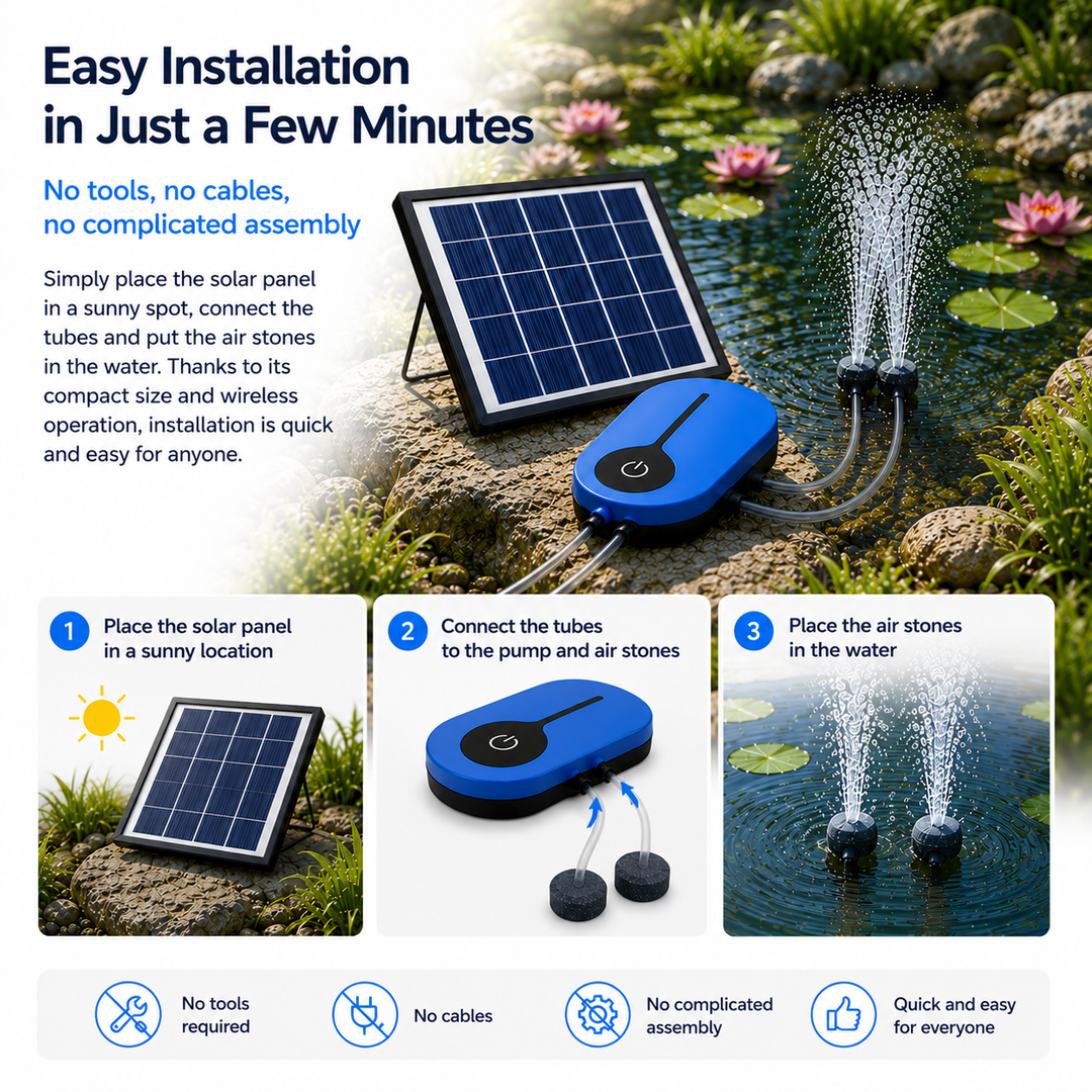 Solární provzdušňovač jezírka AP008 – 3600 mAh baterie, 3 režimy provozu, 1,5 W panel