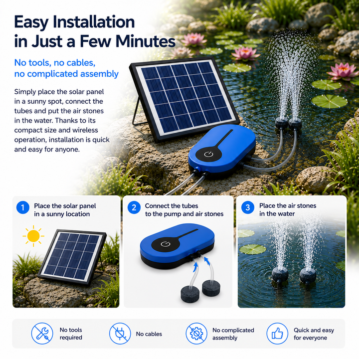Solární provzdušňovač jezírka AP008 – 3600 mAh baterie, 3 režimy provozu, 1,5 W panel