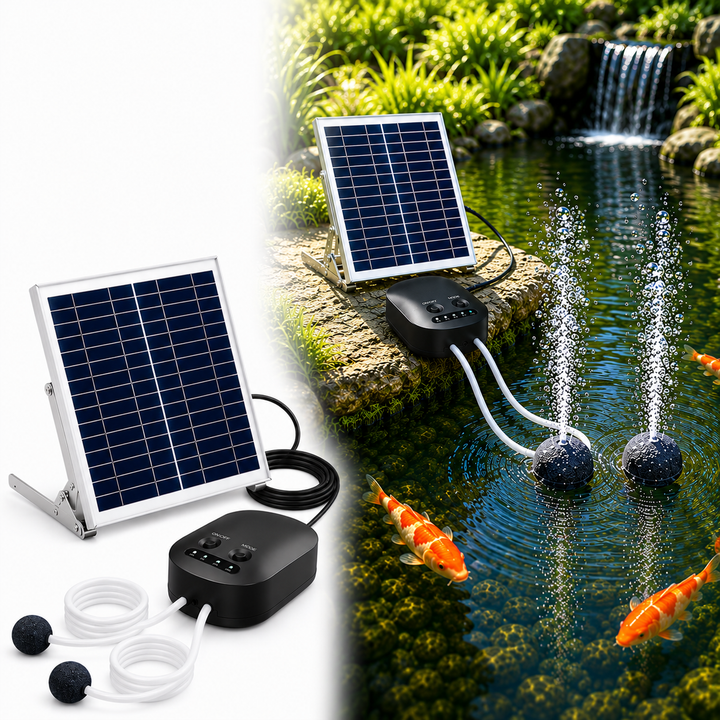 Solární provzdušňovač jezírka AP010 – 4400 mAh baterie, 3 režimy provozu, 15 W panel