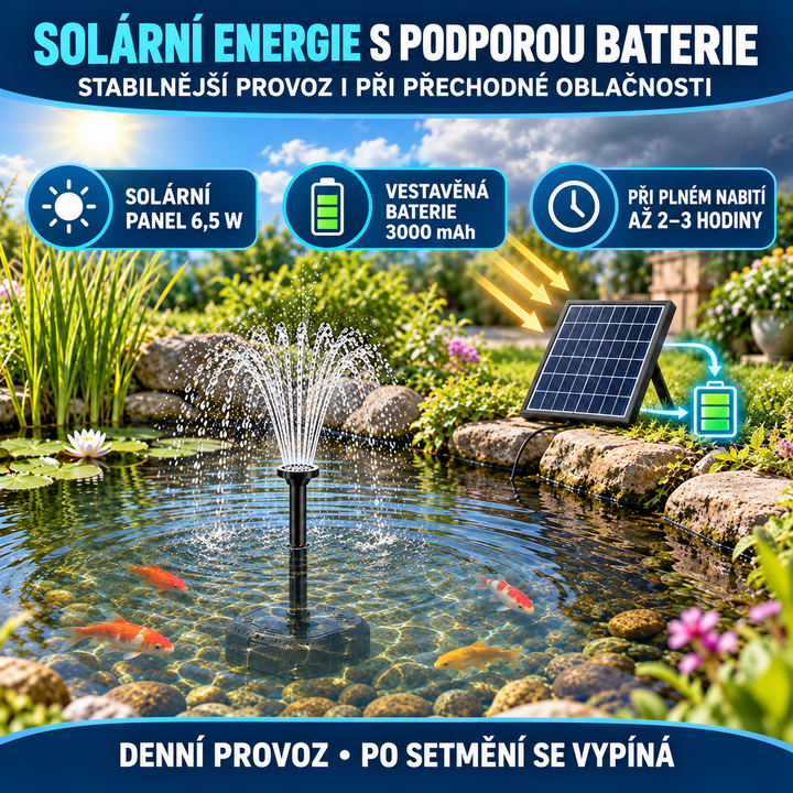 Solární jezírkový filtr s čerpadlem FA001 – 3000 mAh baterie, průtok 300 l/h, 8 trysek, 6,5 W panel