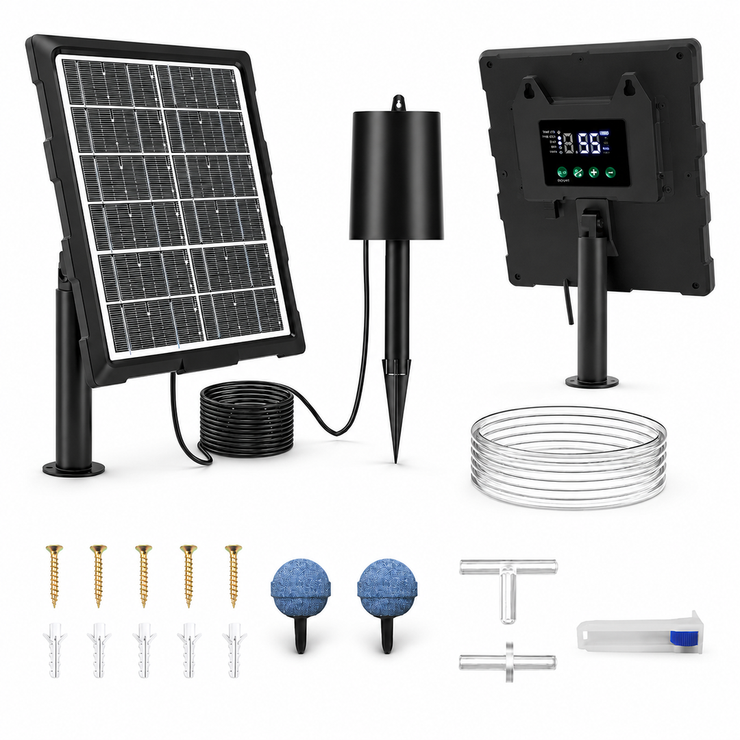 Solární provzdušňovač jezírka s LCD displejem AP221 – 2200 mAh baterie, 3 stupně výkonu, programovatelný časovač, 3W panel