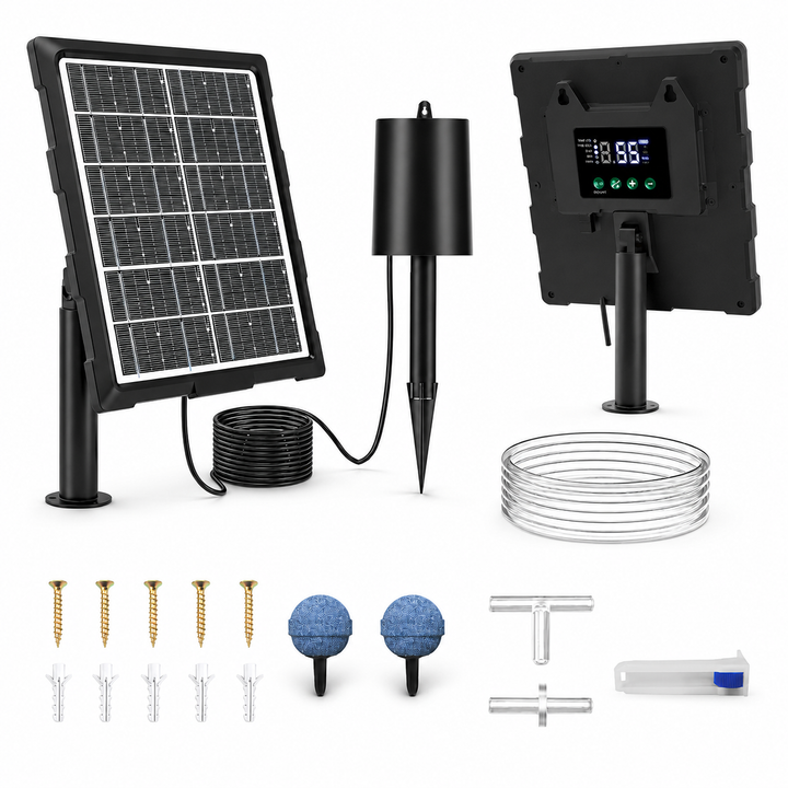 Solární provzdušňovač jezírka s LCD displejem AP221 – 2200 mAh baterie, 3 stupně výkonu, programovatelný časovač, 3W panel