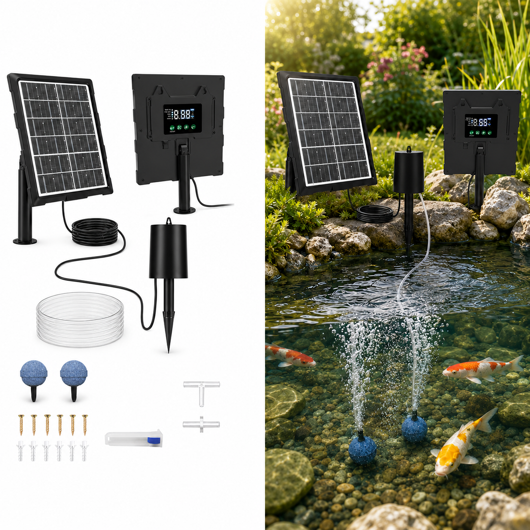 Solární provzdušňovač jezírka s LCD displejem AP221 – 2200 mAh baterie, 3 stupně výkonu, programovatelný časovač, 3W panel